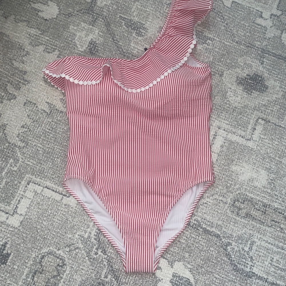 J. CREW Swimsuit One-shoulder Ruffle One-Piece in Seersucker Size 14 - Picture 4 of 14
